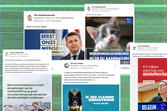 Collage van verschillende advertenties van Vlaams Belang, Groen en Vooruit.