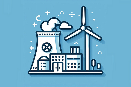 Witte symbolen voor kerncentrale en windmolen op een lichtblauwe achtergrond.