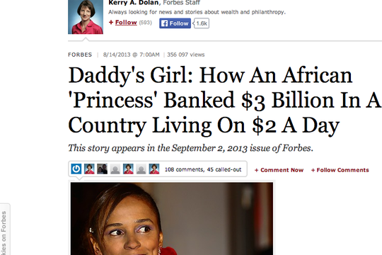 Article de Forbes s'intéressant à la fortune d'Isabel Dos Santos (Photo: capture d'écran)