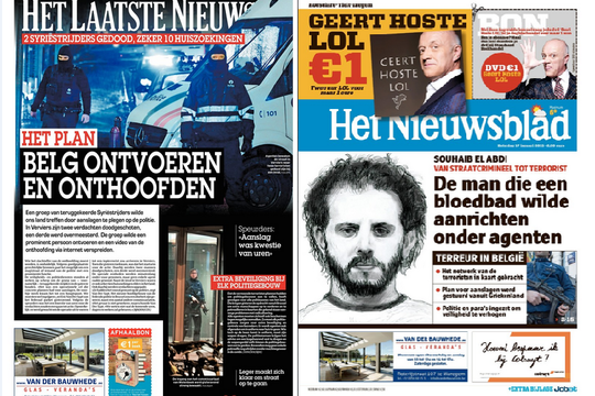 Het Laatste Nieuws van vrijdag 16/01/2015 (L) en Het Nieuwsblad van zaterdag 17/01/2015 (R)