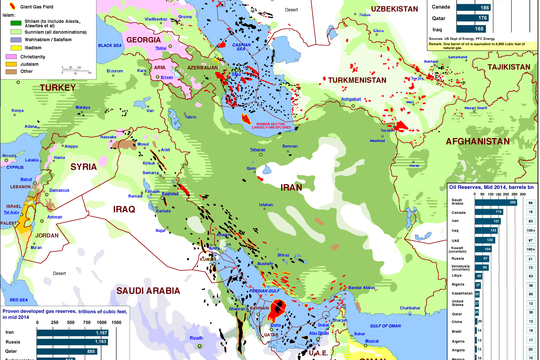 Kaart van olievoorraden en gebieden met een sjiitische meerderheid in de Perzische Golf (Kaart: Dr. Michael Izady via The Intercept)