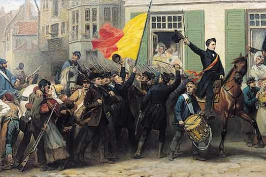 Charles Rogier leidt de Luikse vrijwilligers naar Brussel tijdens de Belgische revolutie. (Schilderij van Charles Soubre  Musée de l'Art wallon, Luik - RV)