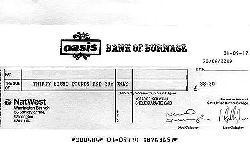 Oasis cheque