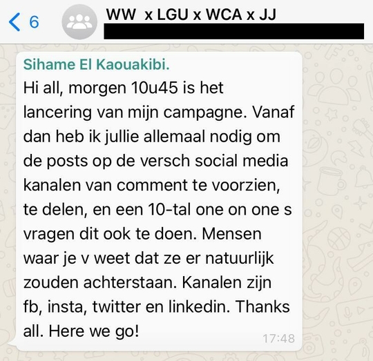 El Kaouakibi verzocht haar personeel om haar campagnelancering voor Open Vld te verspreiden op sociale media.