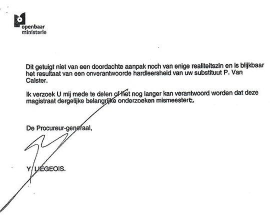 Extrait du courrier envoyé par Yves Liégeois au procureur du Roi Herman Dams en (Photo: Scan du document)