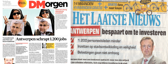 De Morgen van 14/06 en de 'gratis' Het Laatste Nieuws in Antwerpen (begin juni)