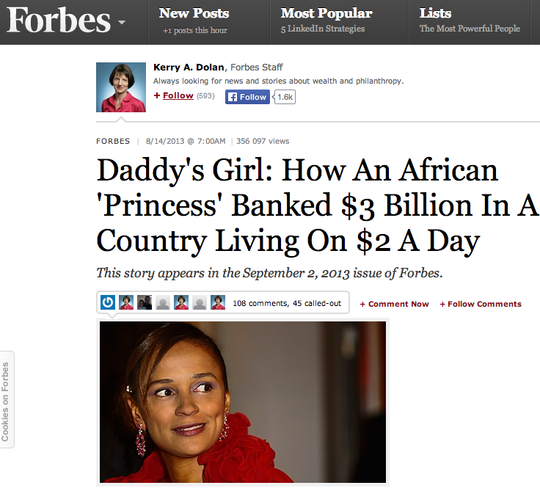 Article de Forbes s'intéressant à la fortune d'Isabel Dos Santos (Photo: capture d'écran)