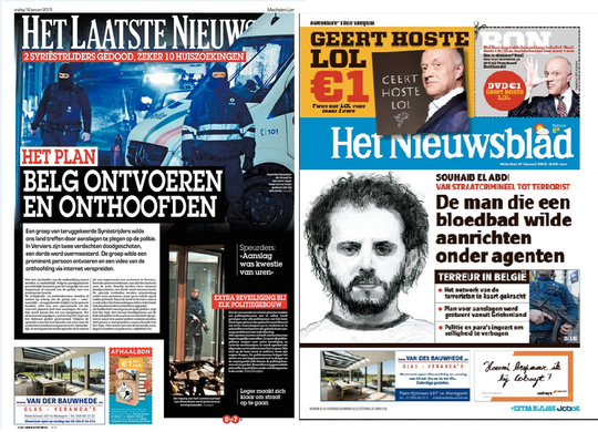 Het Laatste Nieuws van vrijdag 16/01/2015 (L) en Het Nieuwsblad van zaterdag 17/01/2015 (R)