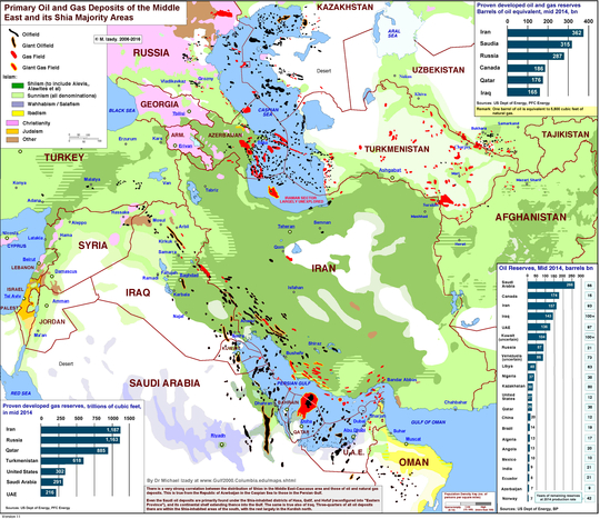 Kaart van olievoorraden en gebieden met een sjiitische meerderheid in de Perzische Golf (Kaart: Dr. Michael Izady via The Intercept)