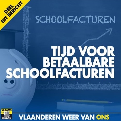 In haar propaganda pleit het Vlaams Belang voor betaalbare schoolfacturen', maar de maximumfactuur staat niet in het programma. (Foto RT)